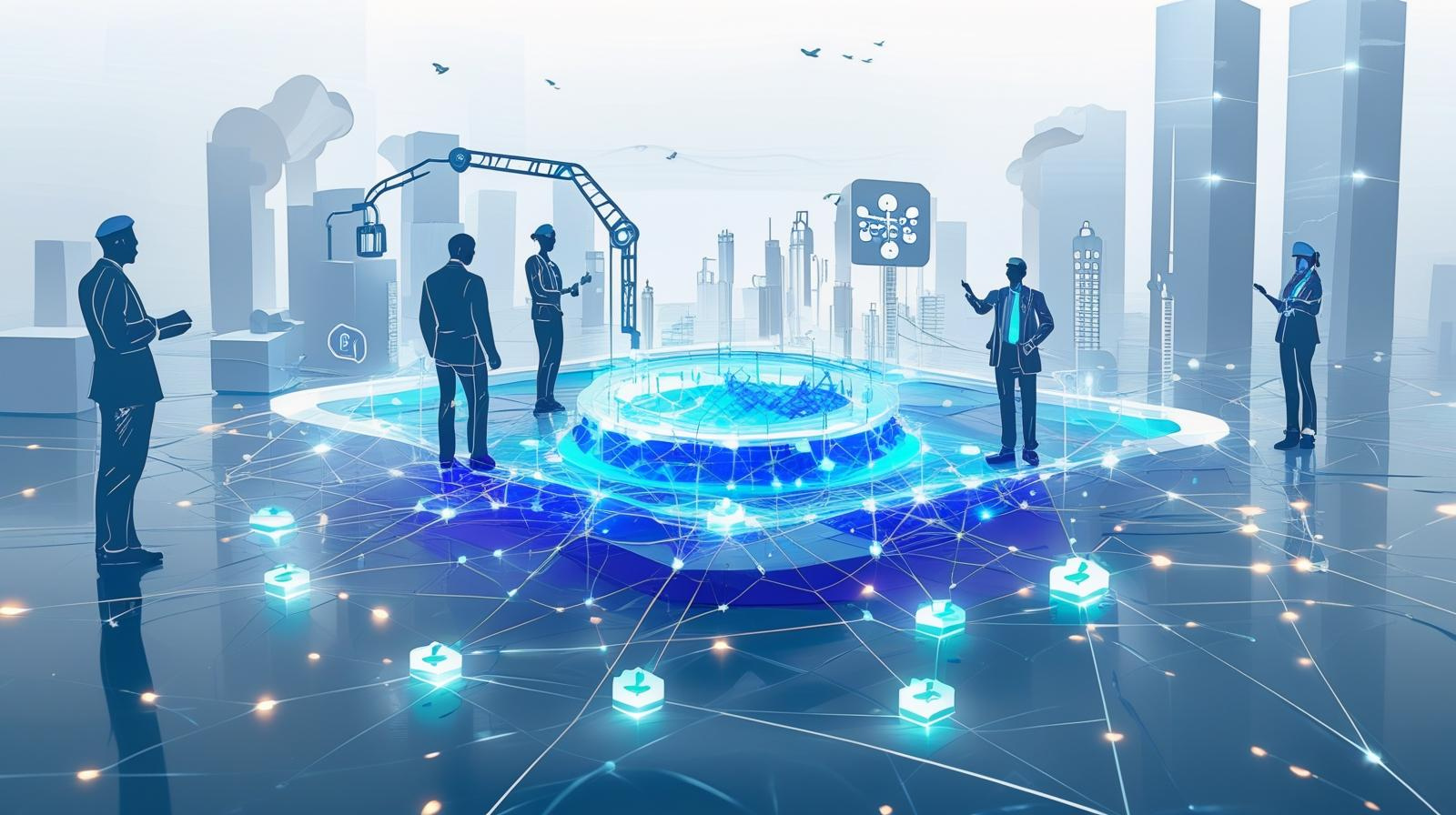 Futuristic cityscape with five business professionals interacting with a holographic digital network and central hologram in a high-tech environment.