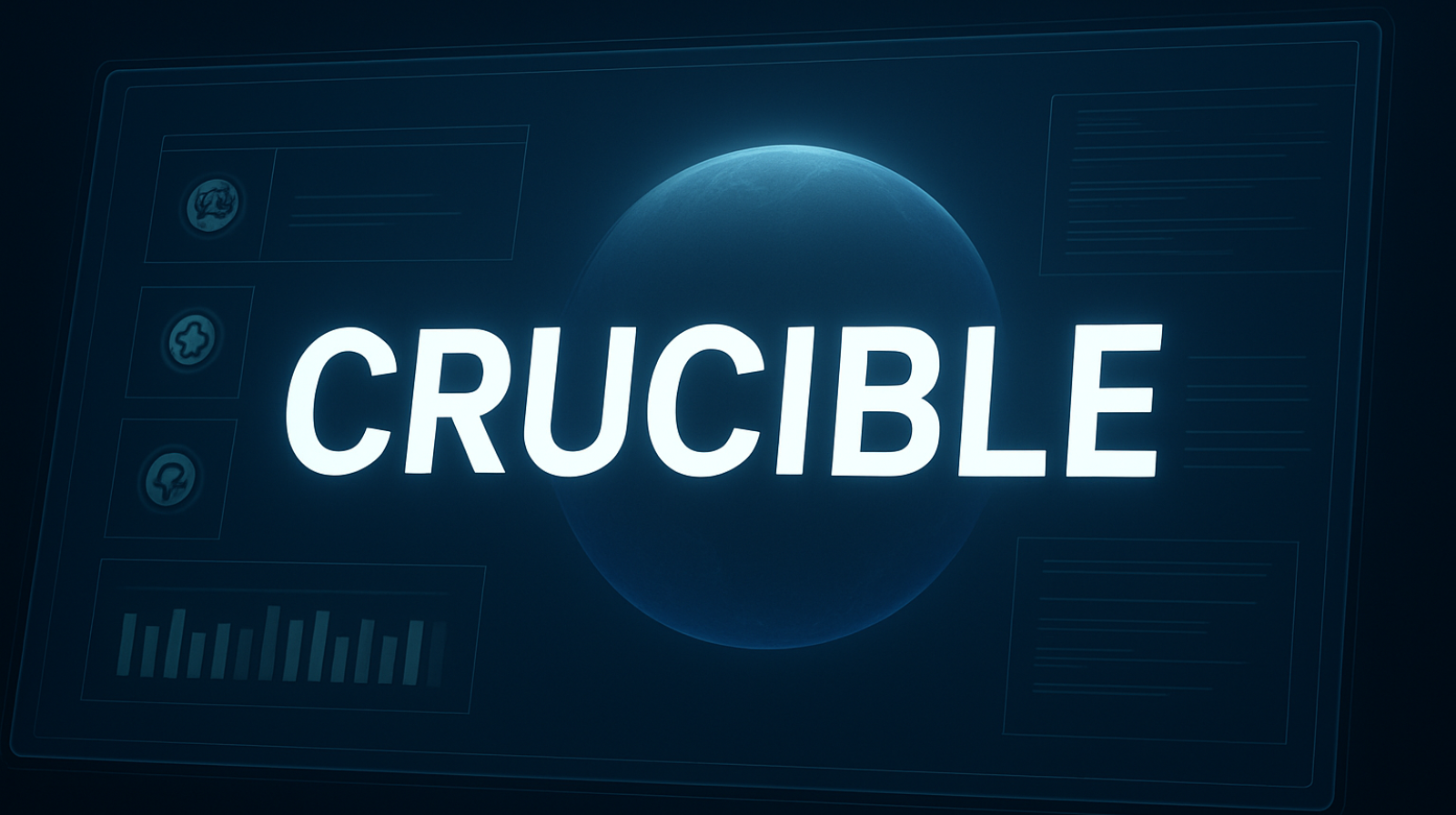 Futuristic digital screen with the word 'Crucible' in large white letters, with a glowing blue planet or sphere in the background.