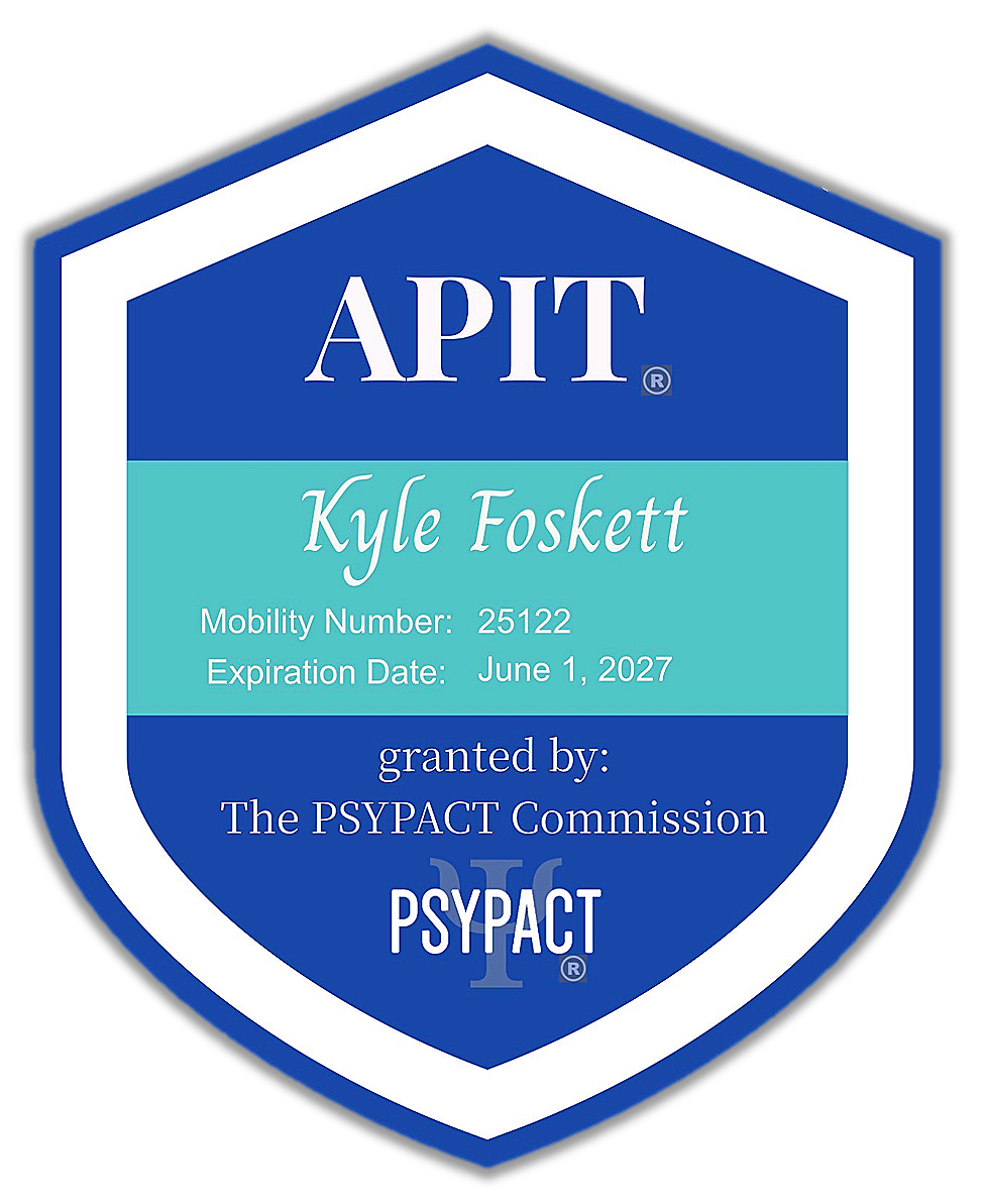 A blue and white APIT badge belonging to Kyle Foskett, with a mobility number 25122 and an expiration date of June 1, 2027, granted by the PSYPACT Commission.