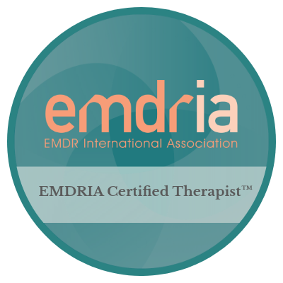 EMDRIA Certified Therapist badge with teal background, orange and white text.