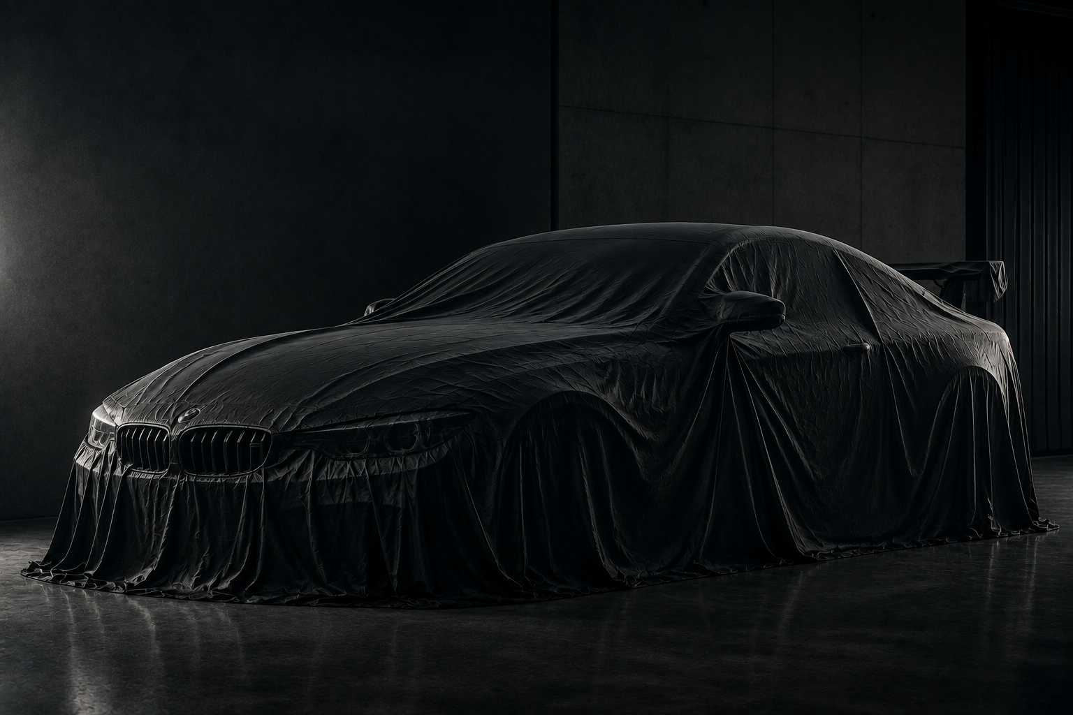New BMW car covered with a black cloth in a dimly lit room, with the front grille and part of the hood visible.