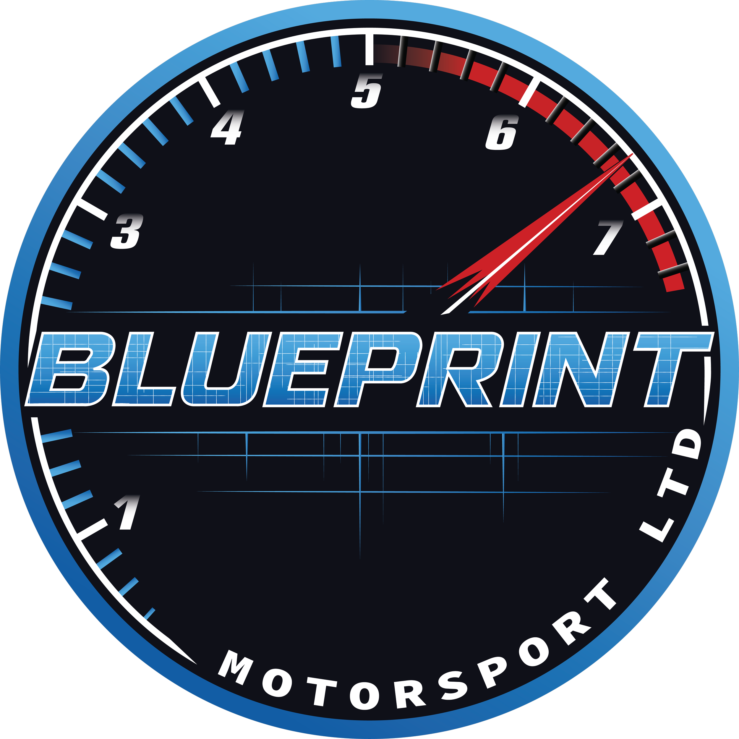 Close-up of a circular BluePrint Motors logo with a black background, featuring white and red accents and the text 'BluePrint Motors'
