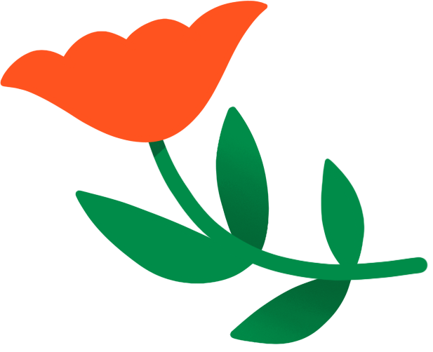 A stylized graphic of a rose with orange and red petals and green leaves.