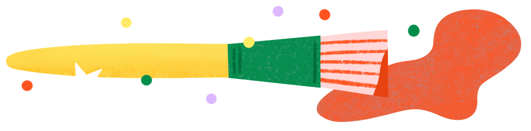 A cartoon illustration of a colorful rainbow-colored shooting star with a trail leading to a red fairy-tale house with a chimney, trees, and a sunrise in the background.