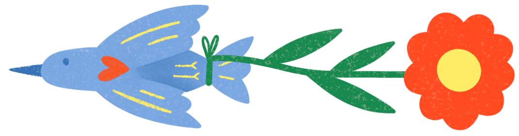 A digital drawing of a blue bird with a red heart on its chest, holding a green stem with leaves and a red flower with a yellow center.