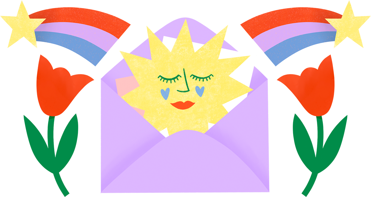 A sun with a smiling face, closed eyes, and red lips emerging from a purple envelope, with rainbows and red tulips surrounding it.