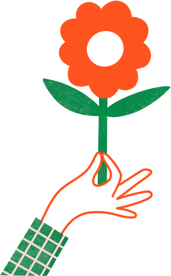 A red flower with a pink center and green leaves, being held by an orange hand.