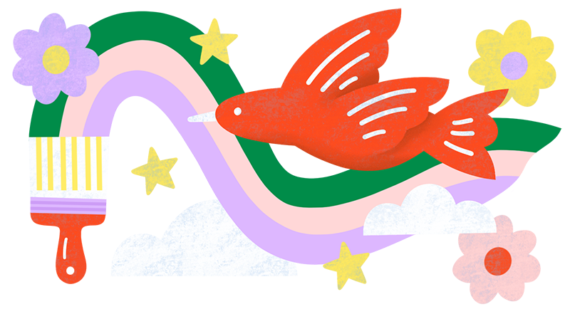 A colorful, cartoon-style illustration featuring a red bird, paint rainbow, clouds, and stars.