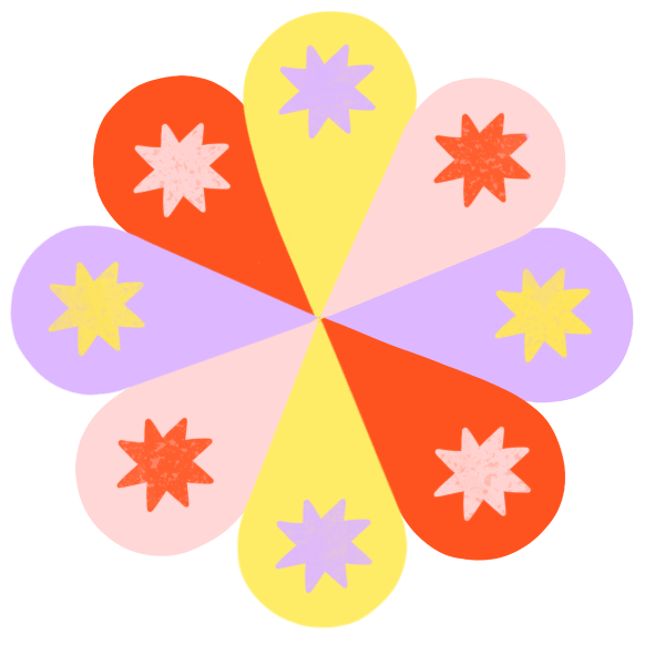 Colorful abstract flower design with six sections, each containing a stylized star shape in different pastel and bright colors.