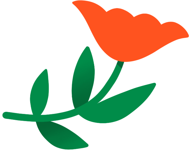A stylized red tulip flower with green leaves and stem.