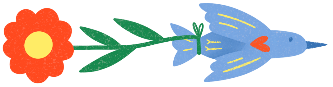 A colorful illustration of a red flower with a yellow center connected to a blue bird by a green stem, with the bird having yellow wing markings and a small red heart-shaped spot on its chest.