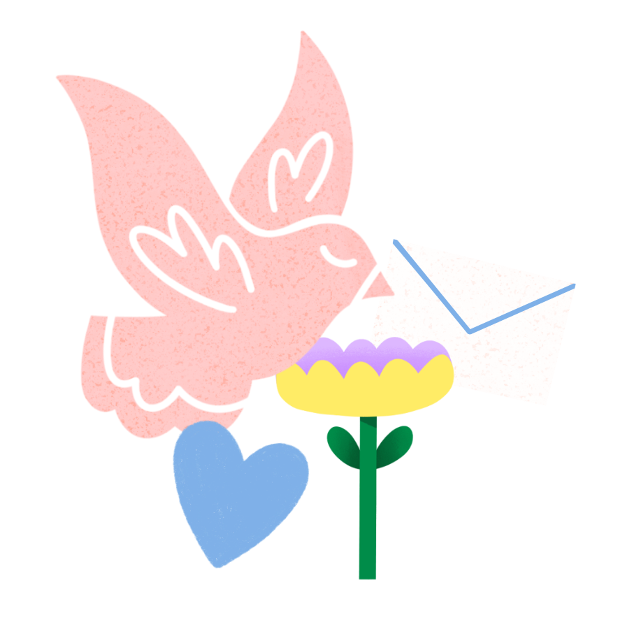 A pink butterfly hovering above a colorful yellow flower with green leaves, next to a blue heart, on a white background.