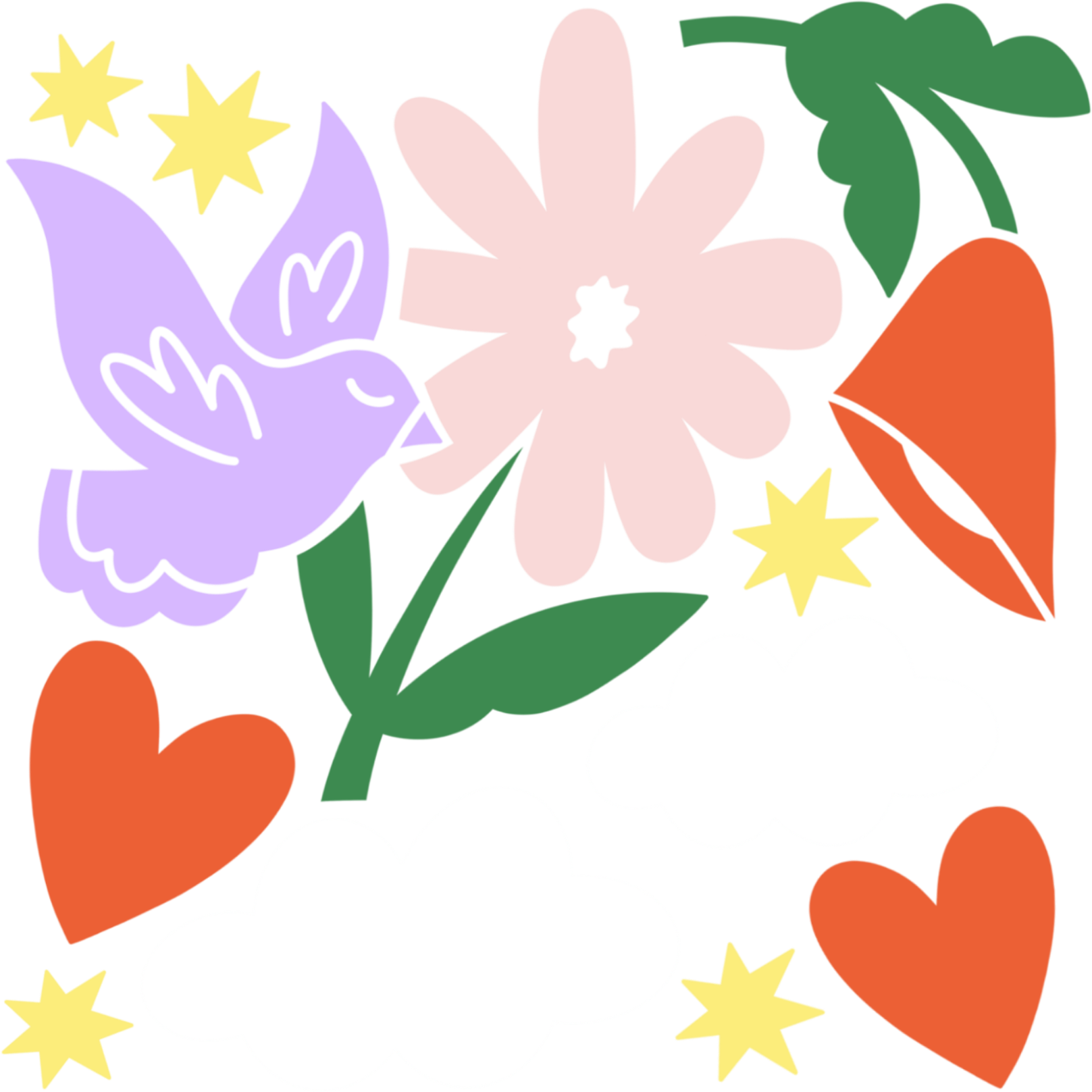 Colorful illustration of a pink flower, purple butterfly, orange hearts, yellow stars, white clouds, and green leaves.