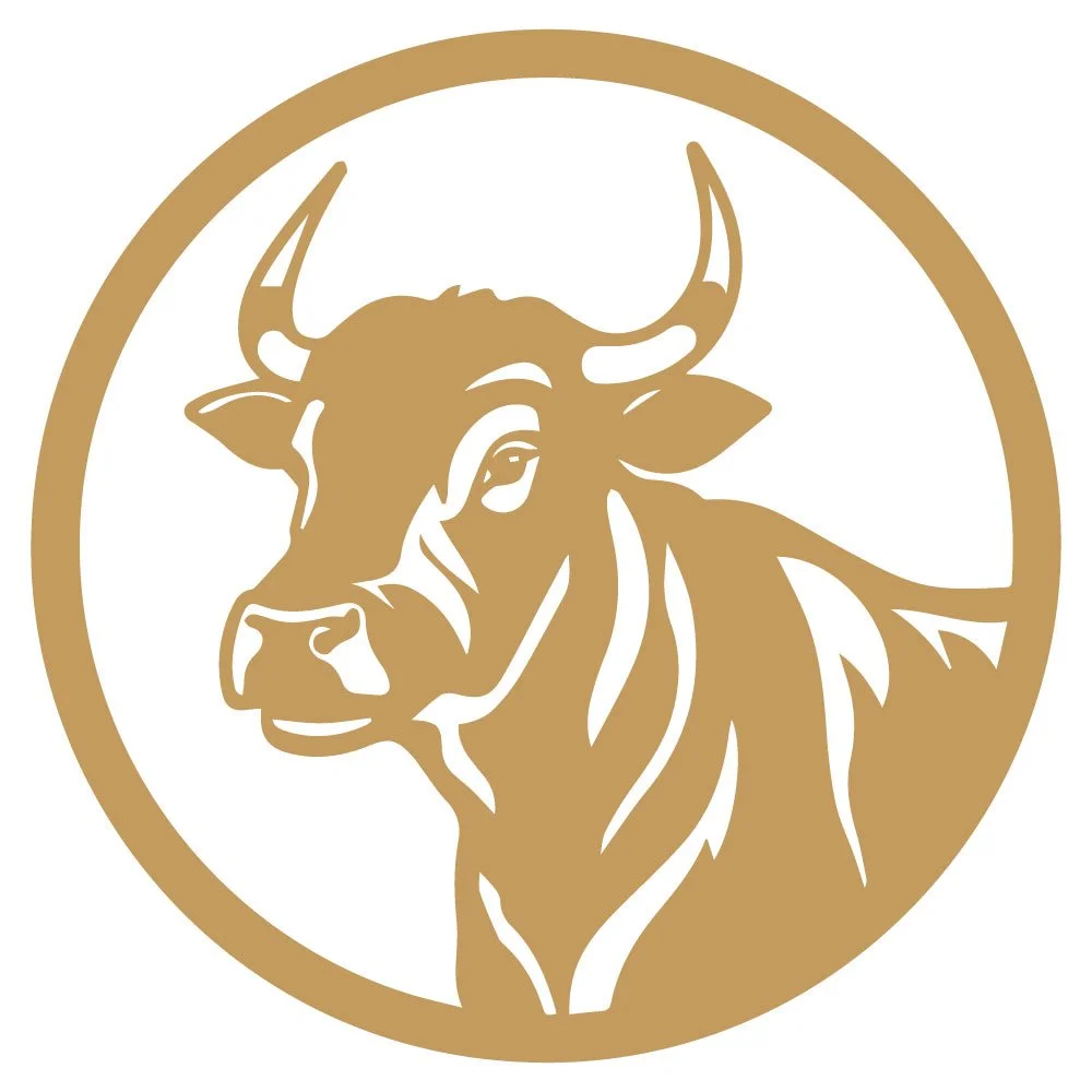 Illustration of a bull's head in a circular logo, done in gold and white.