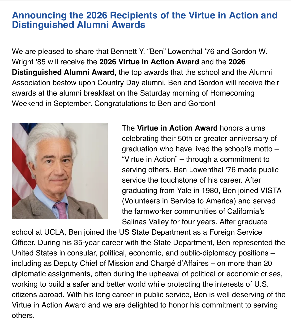 Ben Lowenthal, CCDS Virtue in Action Award, 2026