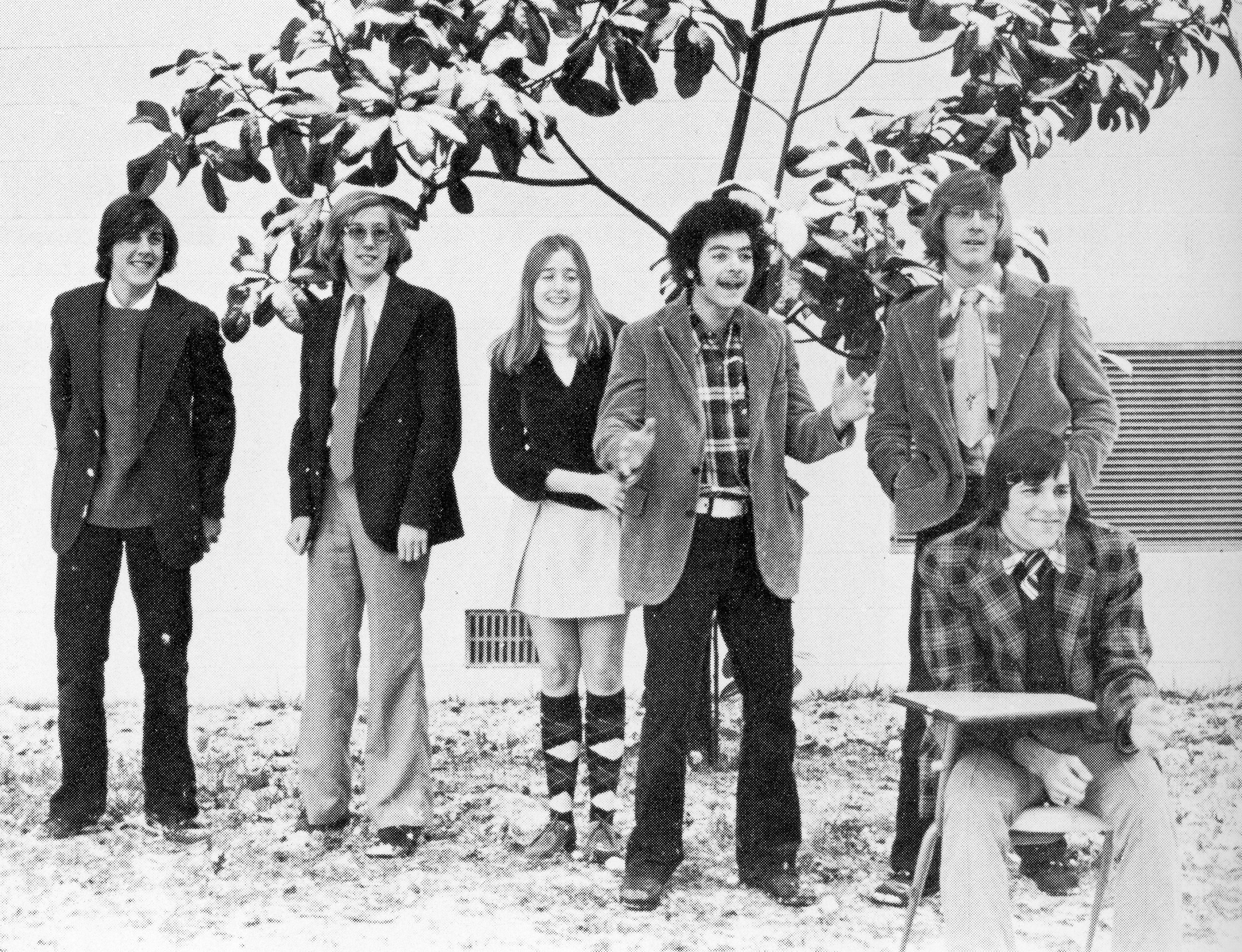 John Hunt, Peter Drysdale, Karen Hoving, Steve Steinberg, Jeff Schell, Bill Sheffield, Winter 1975