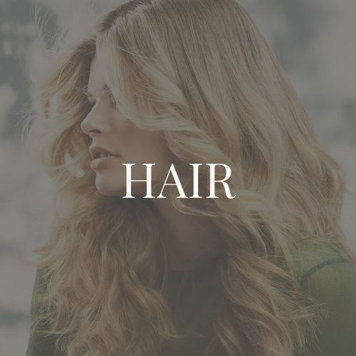 A woman with long, wavy blonde hair looking to the side. The word 'HAIR' is overlaid on the image.