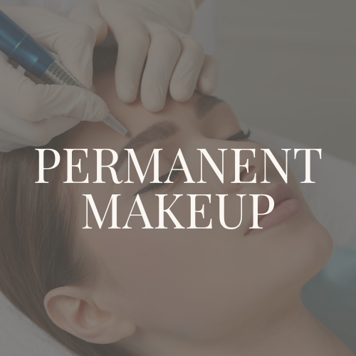 A person lying down while receiving a permanent makeup procedure on their eyebrow with a pen-like tool, with the words 'PERMANENT MAKEUP' overlaid.
