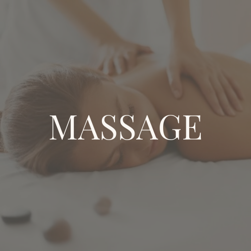 A person receiving a massage lying face down with their eyes closed, with the word 'MASSAGE' overlayed in the center.