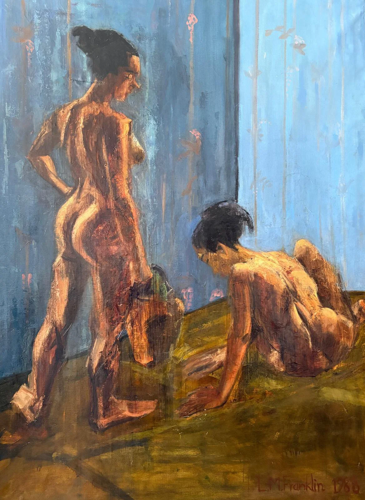 A painting of two nude women, one standing with her hands on her hips and the other kneeling on the ground, set against a blue background with faint pink and white accents by artist Michele Franklin.