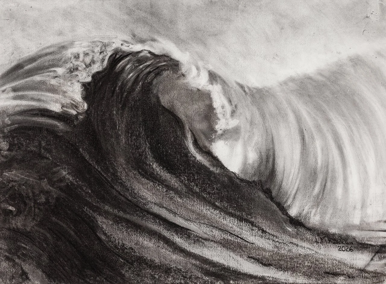 Black and white charcoal drawings by artist Michele Franklin of a large ocean wave curling over, with detailed foam and spray, created in 2026.