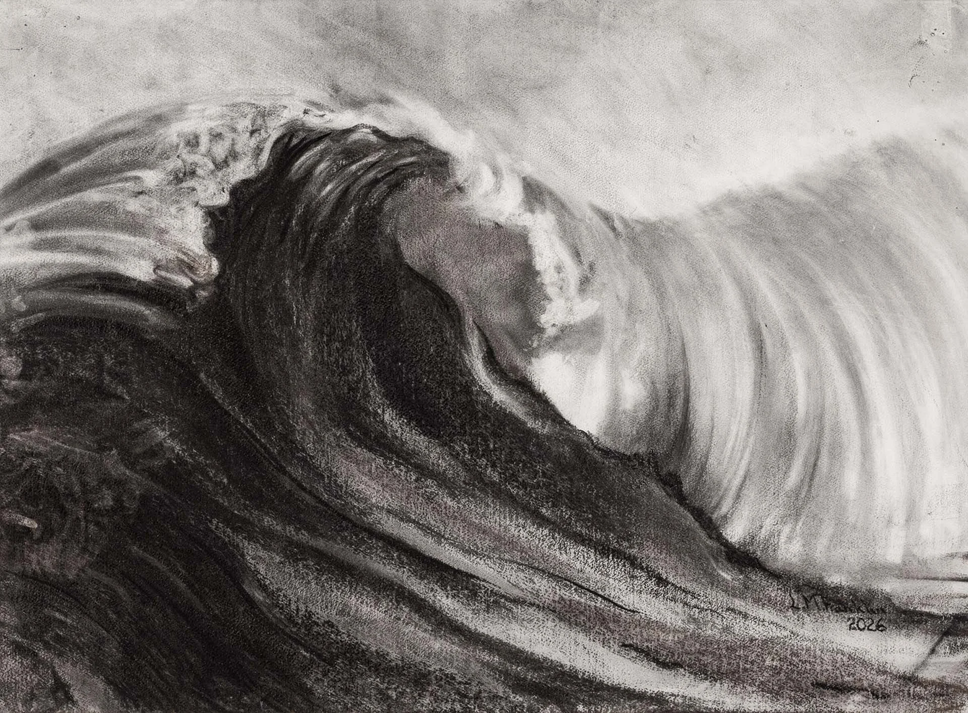 Folding Wave , Charcoal Drawing, 58 × 79cm