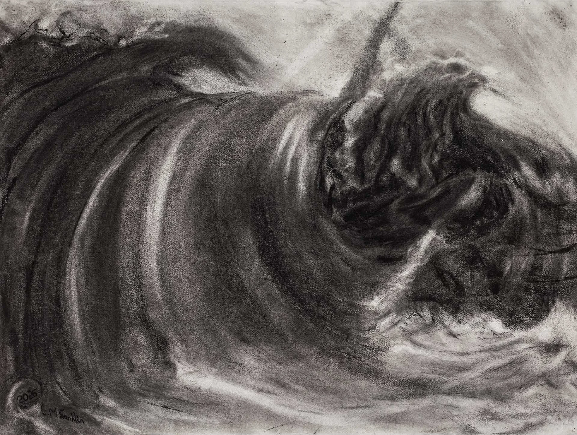Tumultuous Wave, Charcoal Drawing. 58 × 79cm