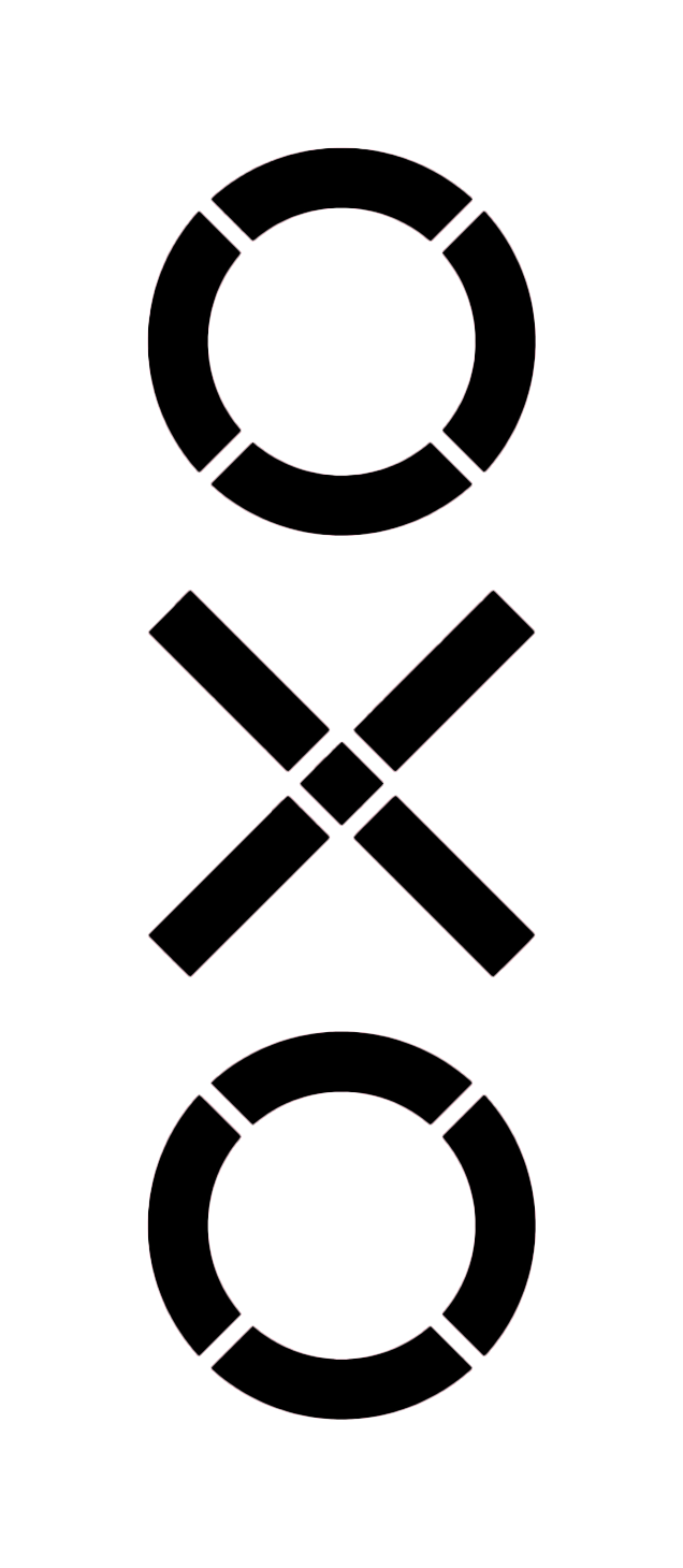 Black and white graphic featuring two lifebuoys, a diagonal X, and two parallel lines.