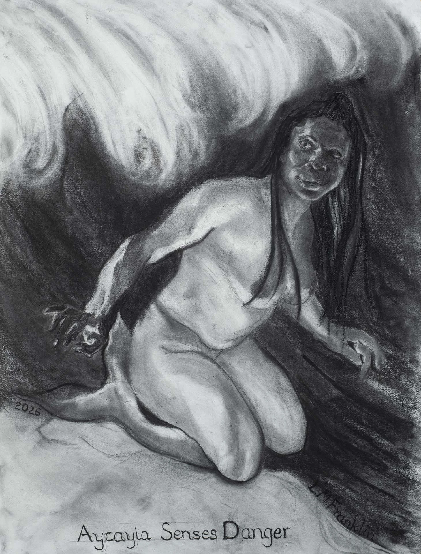 Merwoman Aycayia Sense Danger, , Charcoal Drawing, 2026