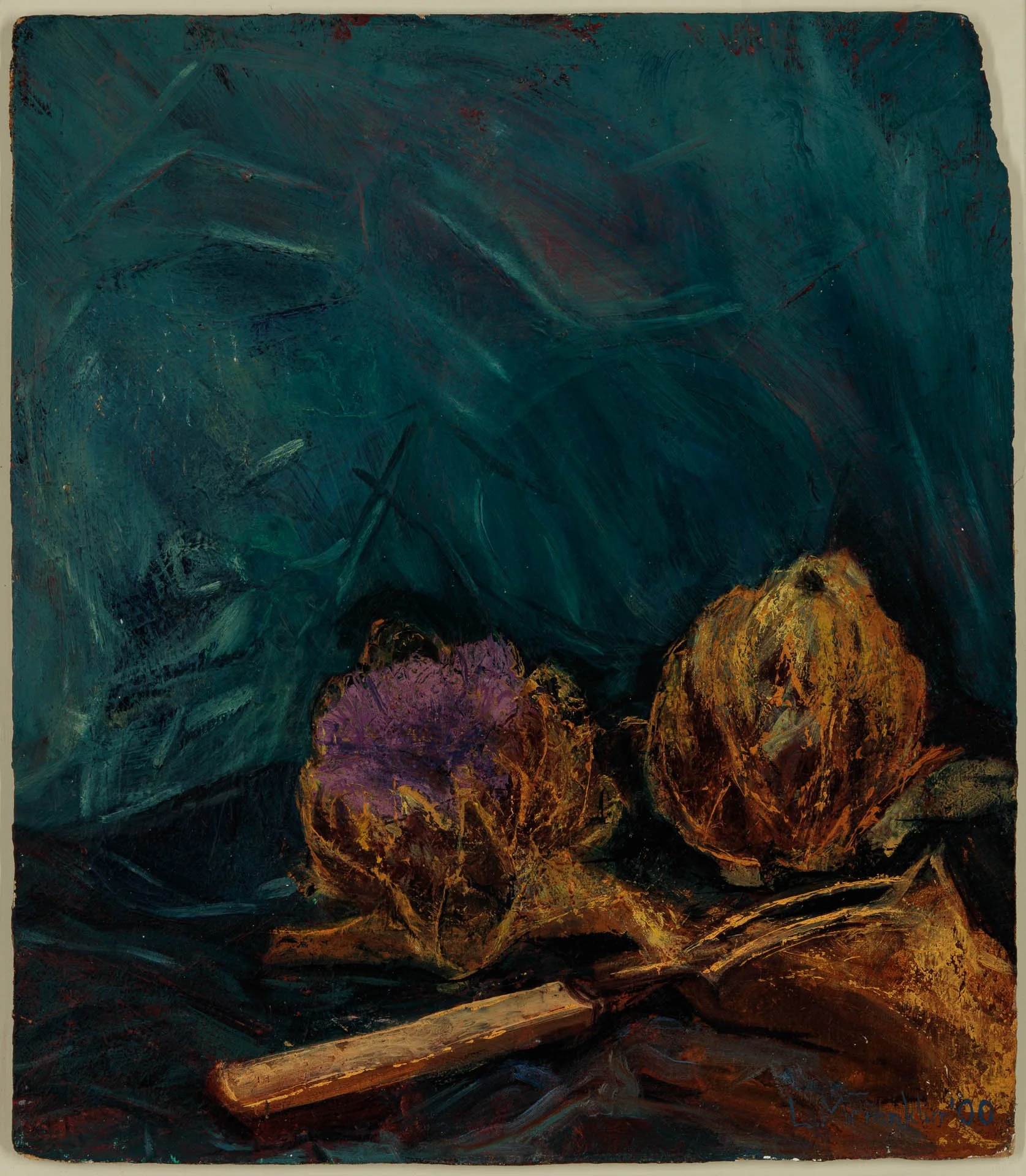 Two Artichokes - Oil paint, 16 x 14“ / 40 x 35 cm