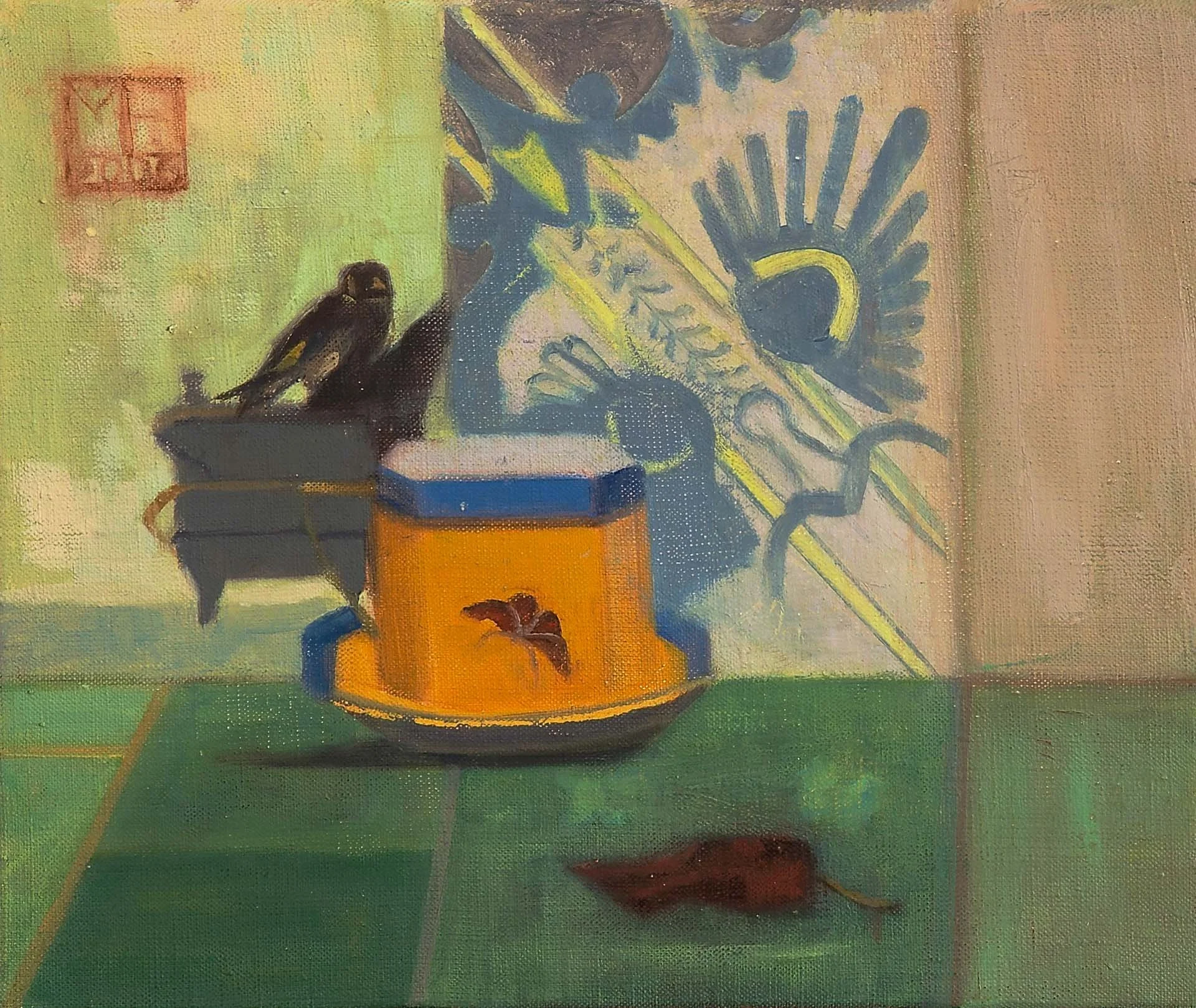 Still life with bird and butterfly 2008 oil paint 30 x 36 cm sold