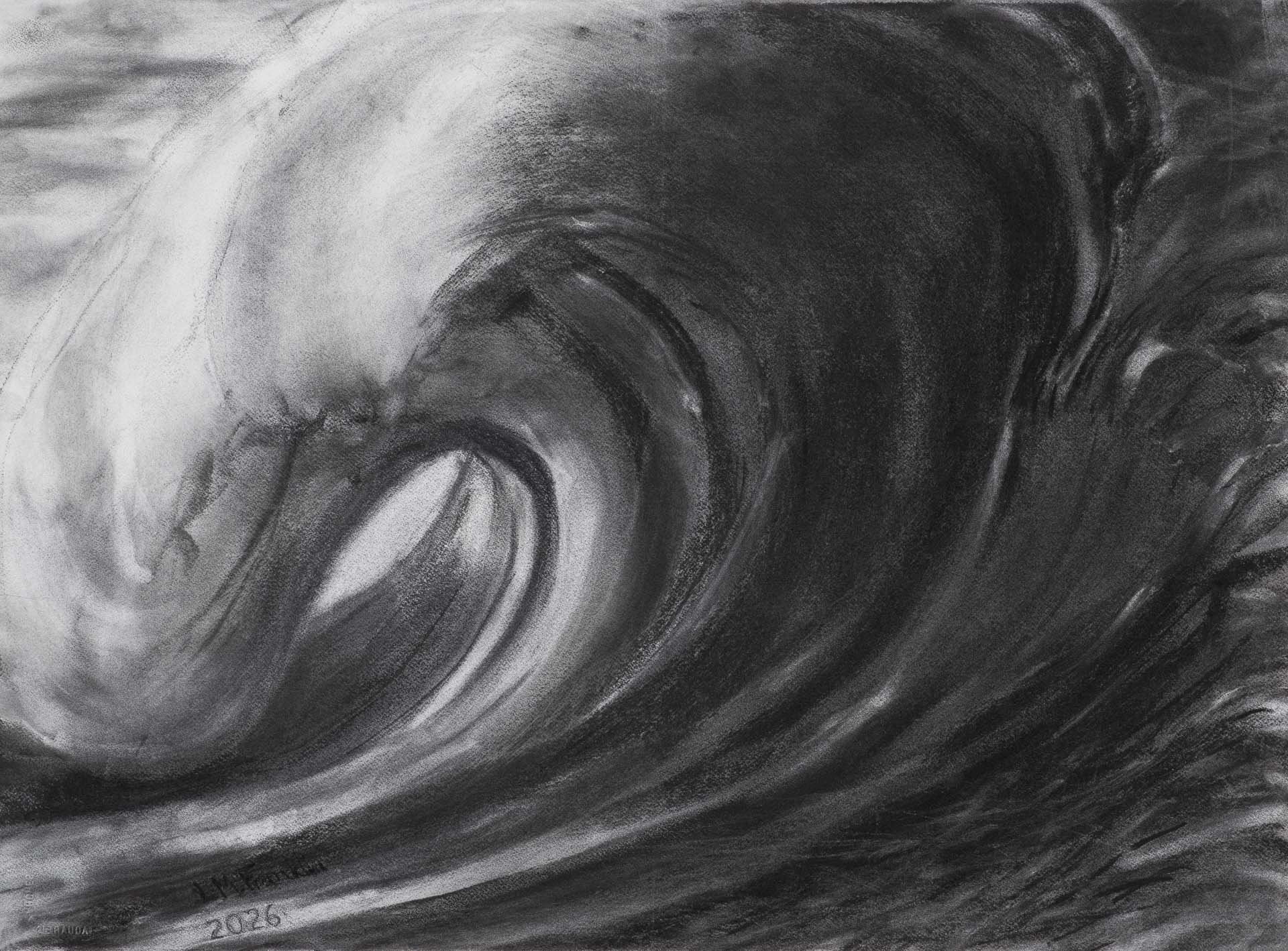 Rolling Wave, Charcoal Drawing, 2026, 58 × 79cm