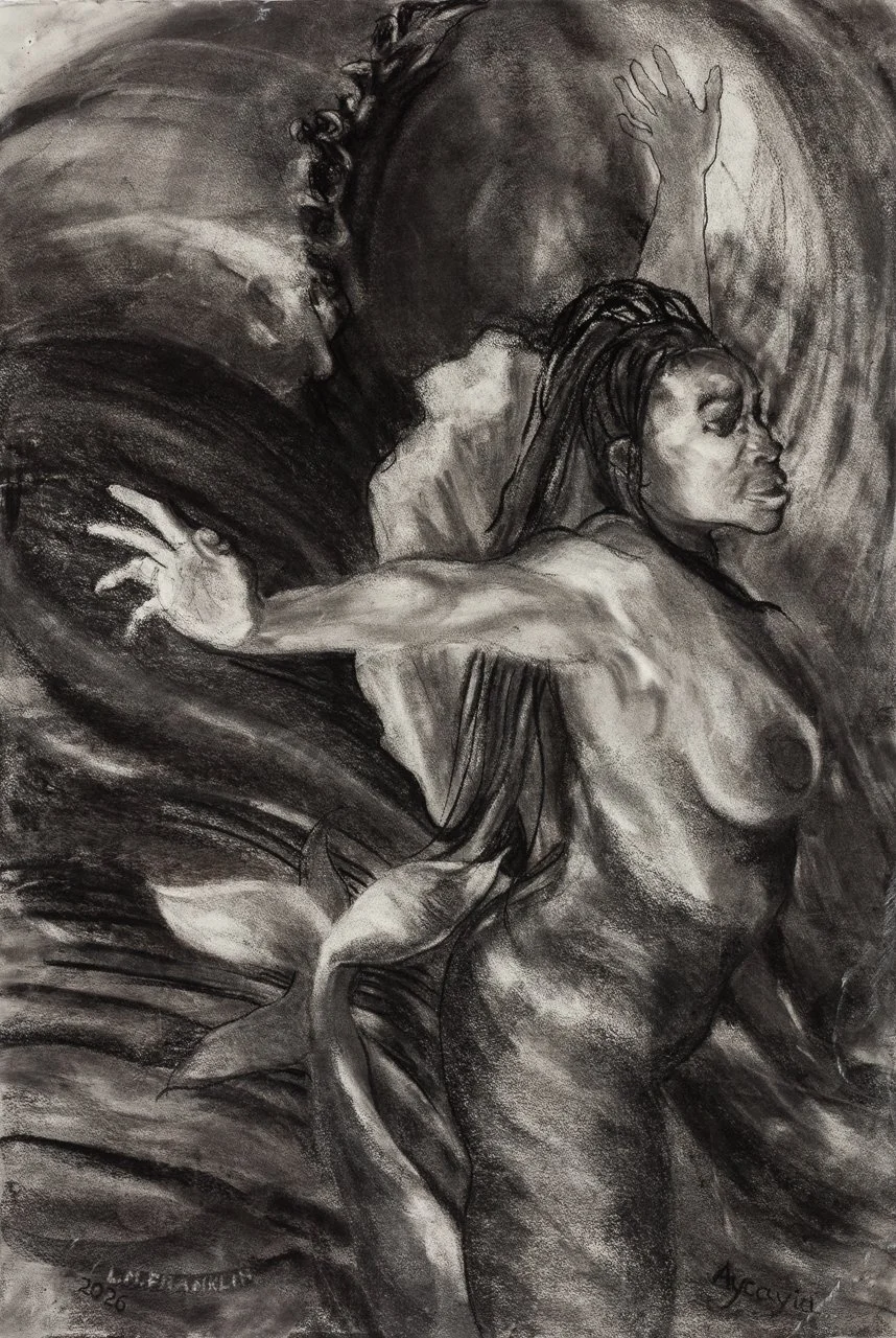 A black and white charcoal drawing of a mermaid with long flowing hair, her eyes closed, and one arm reaching upwards, surrounded by swirling water by artist Michele Franklin.