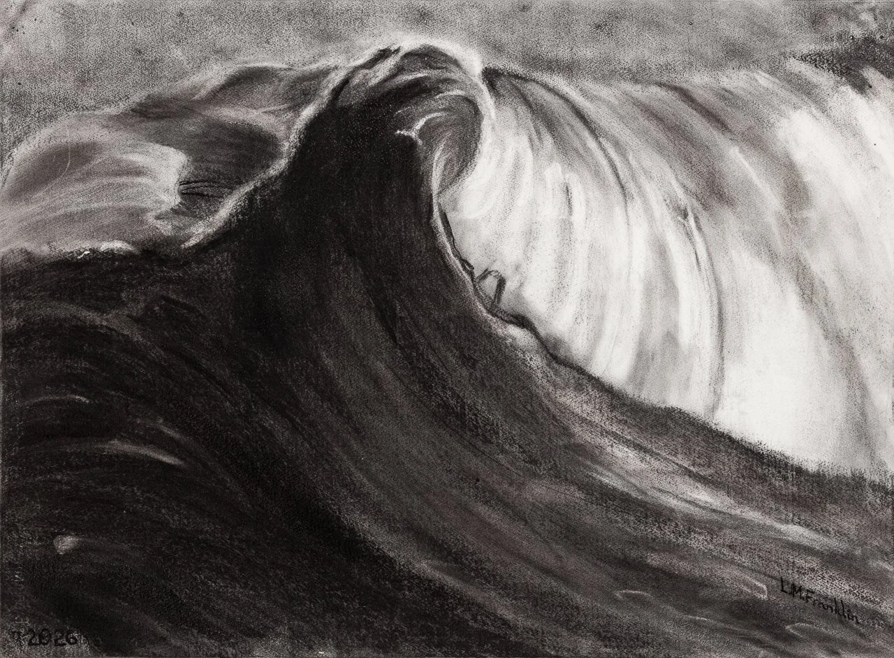 Black and white charcoal drawing by artist Michele Franklin of a large ocean wave curling over, with frothy spray at the crest.