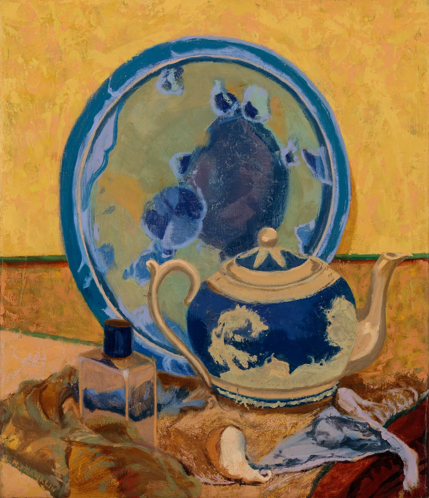 Blue Teapot with Marbled Plate - oil paint, 40x 30 cm