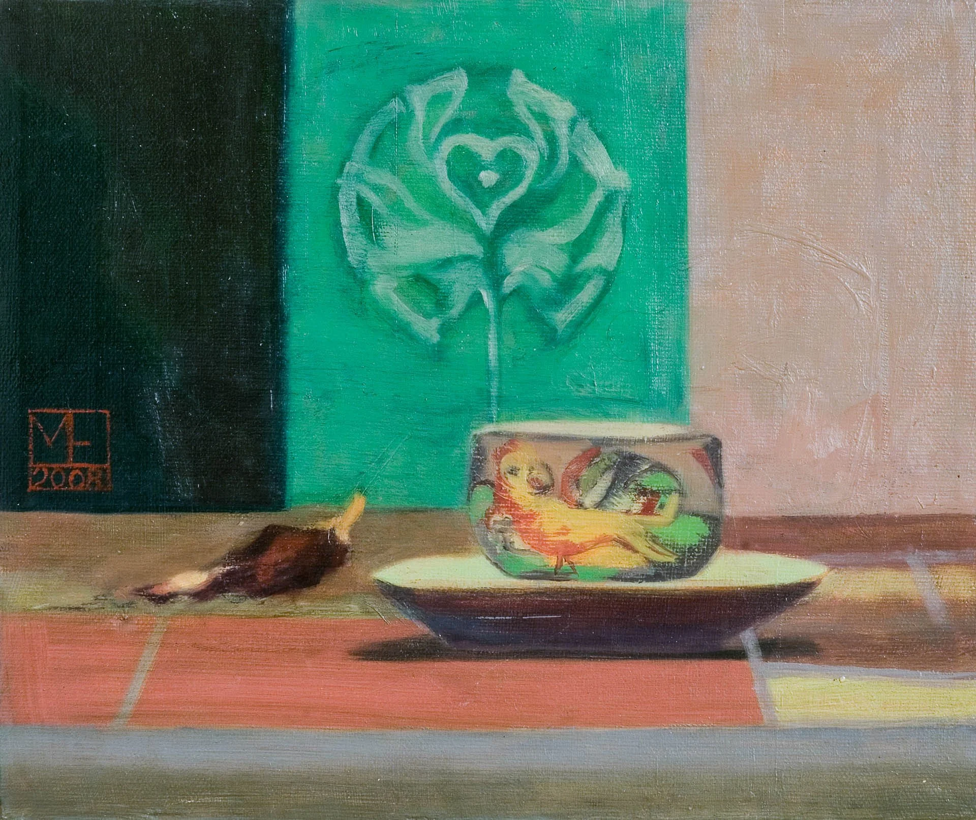 Still life with parrot teacup 2008 Oil paint 30 x 36 cm sold