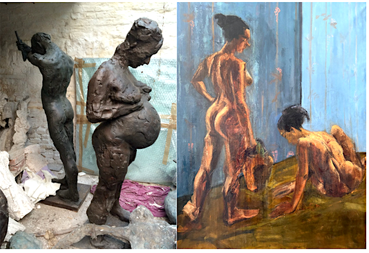 Comparison of two sculptures and two paintings of women, with one sculpture and one painting depicting seated women and another sculpture and painting showing standing women.