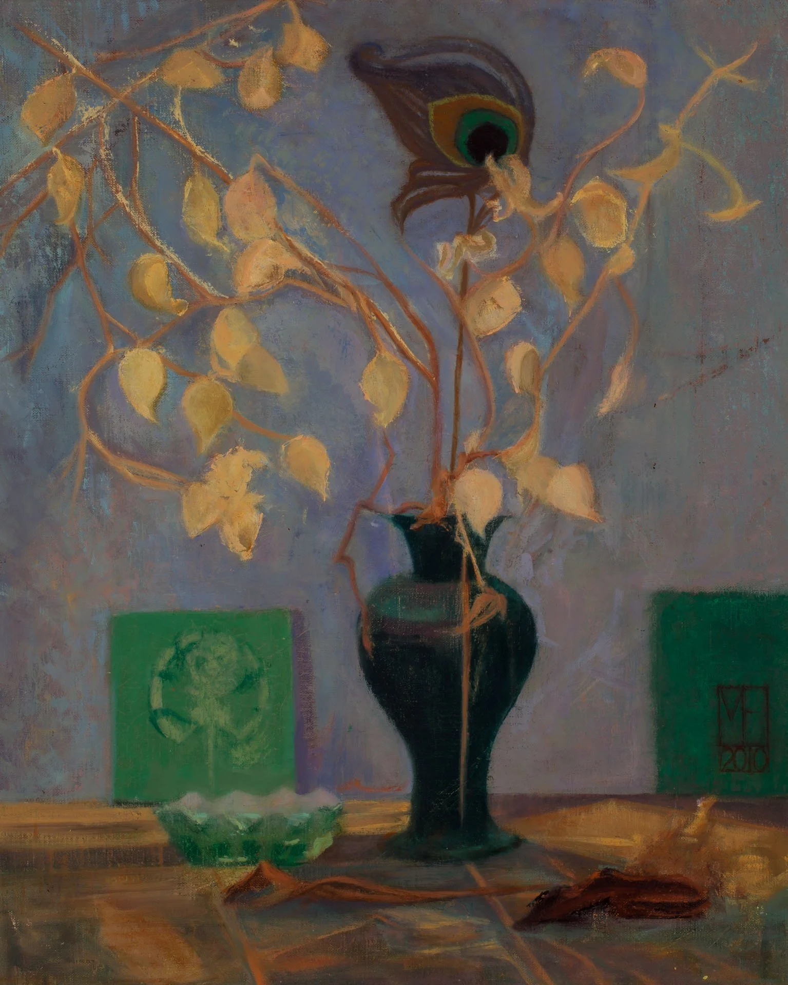 Still life with peacock feather 2010 Oil paint  58 x 47 cm 