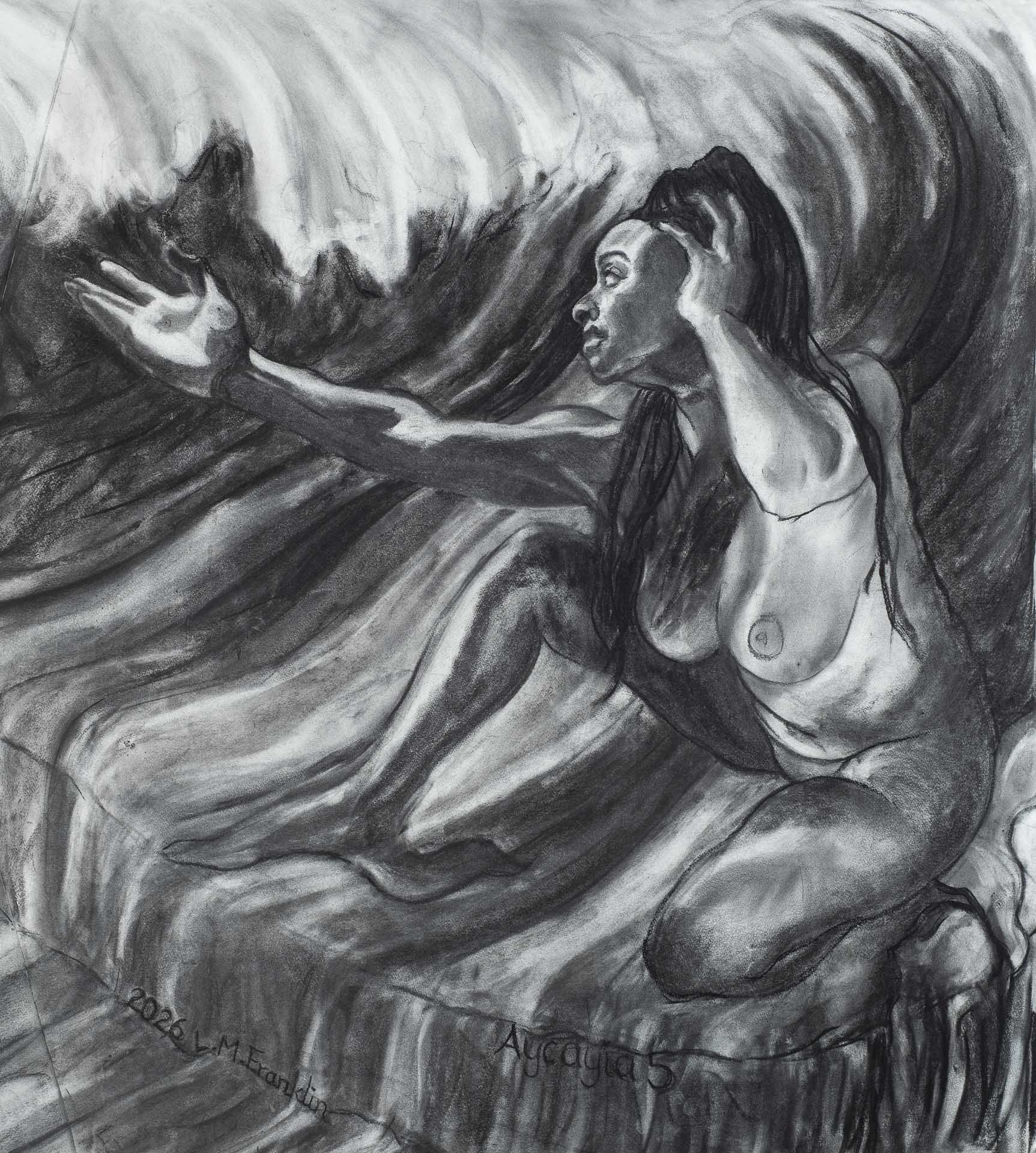 The Merwoman Aycayia 5. Aycayia Entreating David to Come to her, , Charcoal Drawing, 2026