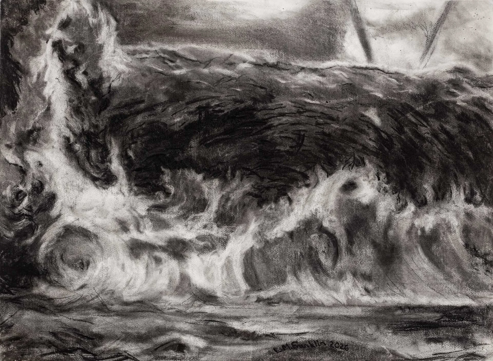Advancing  Wave, Charcoal Drawing. 58 × 79cm