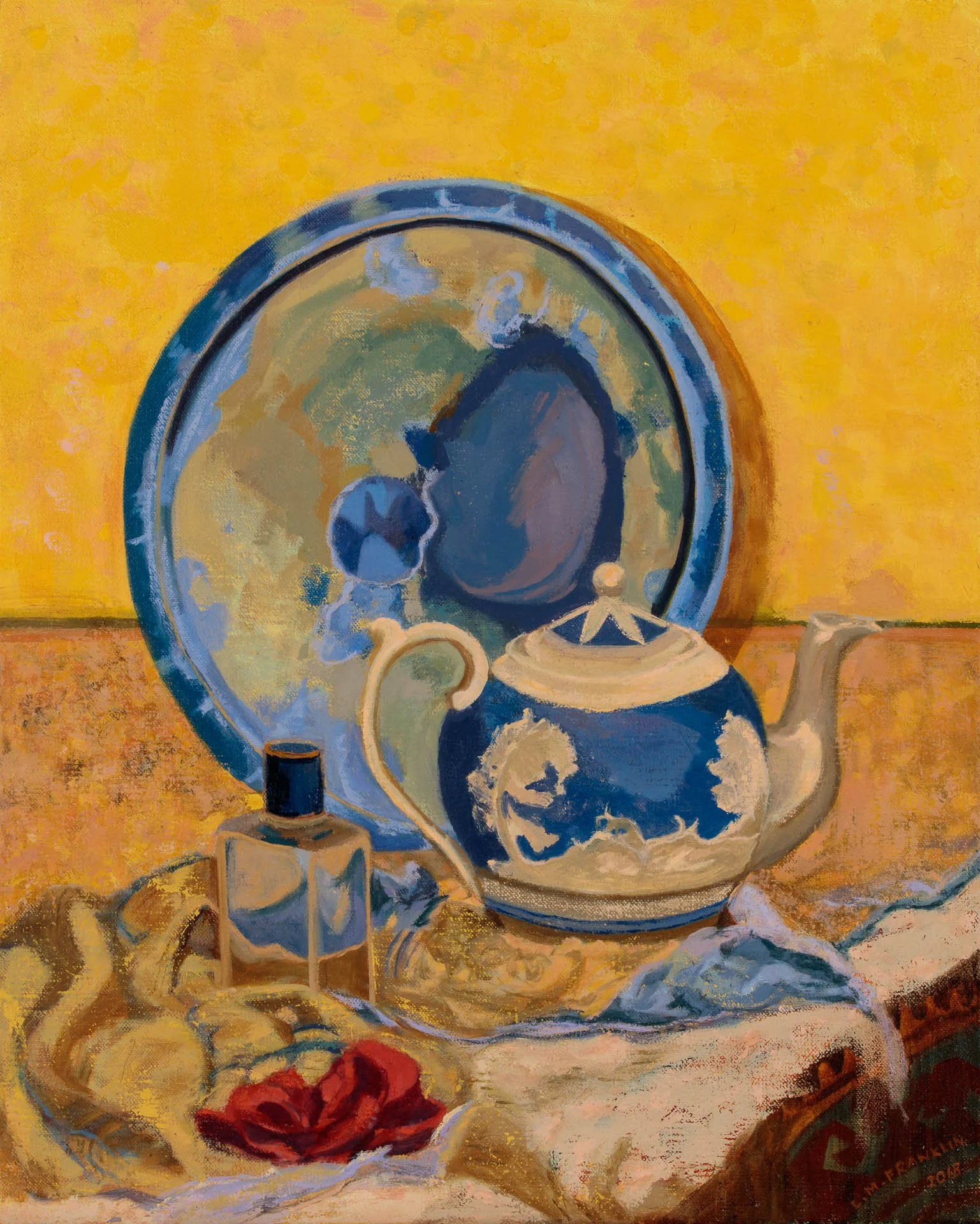 Blue Teapot with Red Flower and Marbled Plate - oil paint, 48 x 35 cm