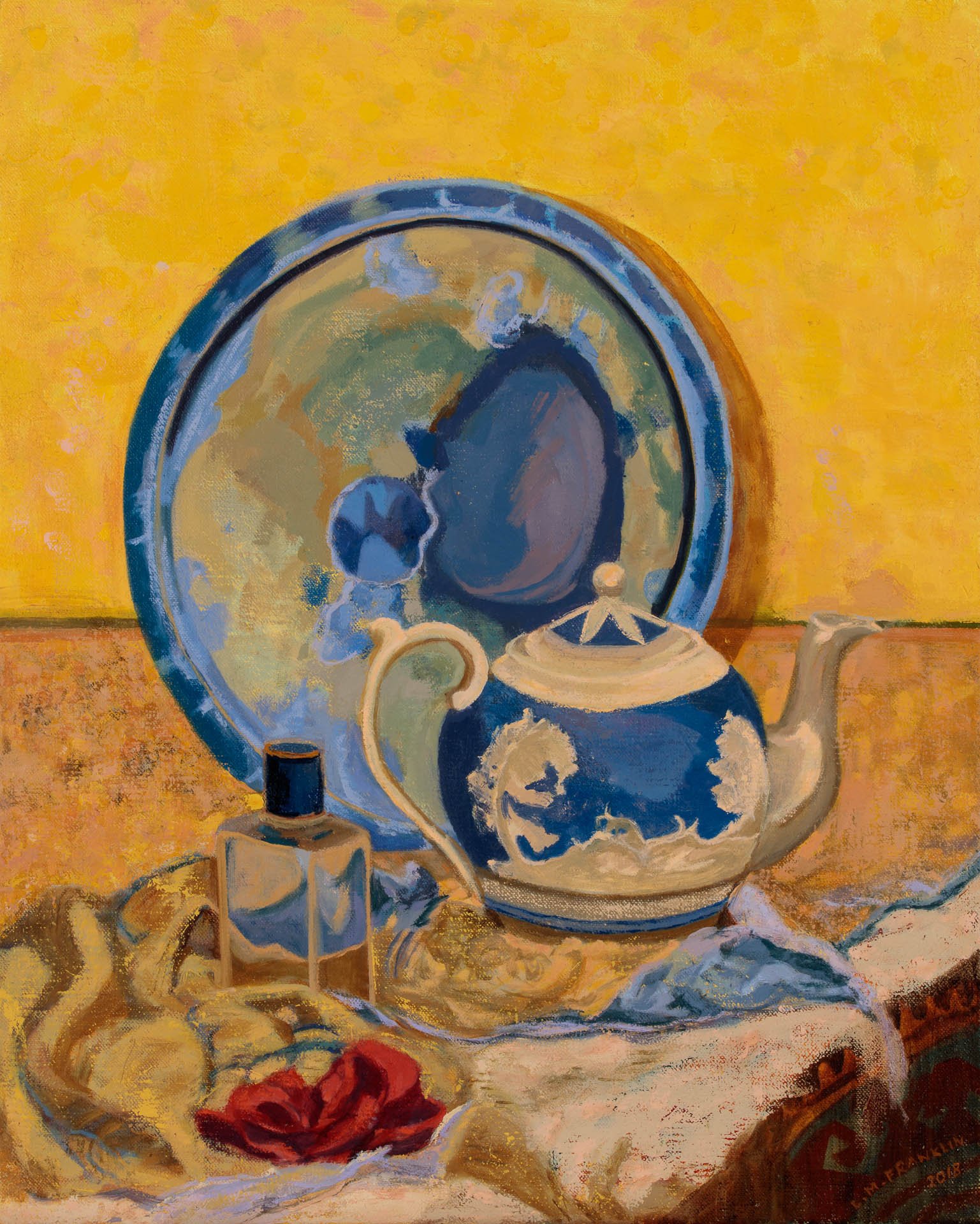Blue Teapot with Red Flower and Marbled Plate - oil paint, 48 x 35 cm