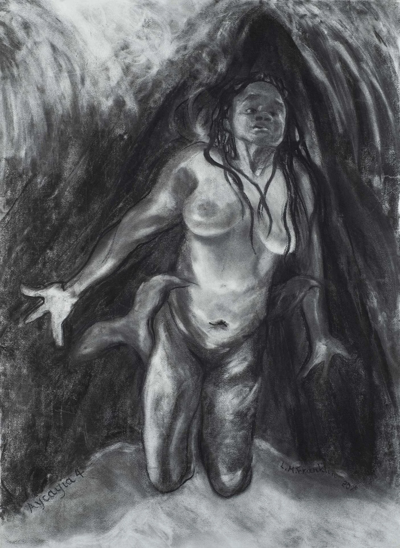 The Merwoman Aycayia 4. Aycayia sees the fishermen who capture her, , Charcoal Drawing, 2026