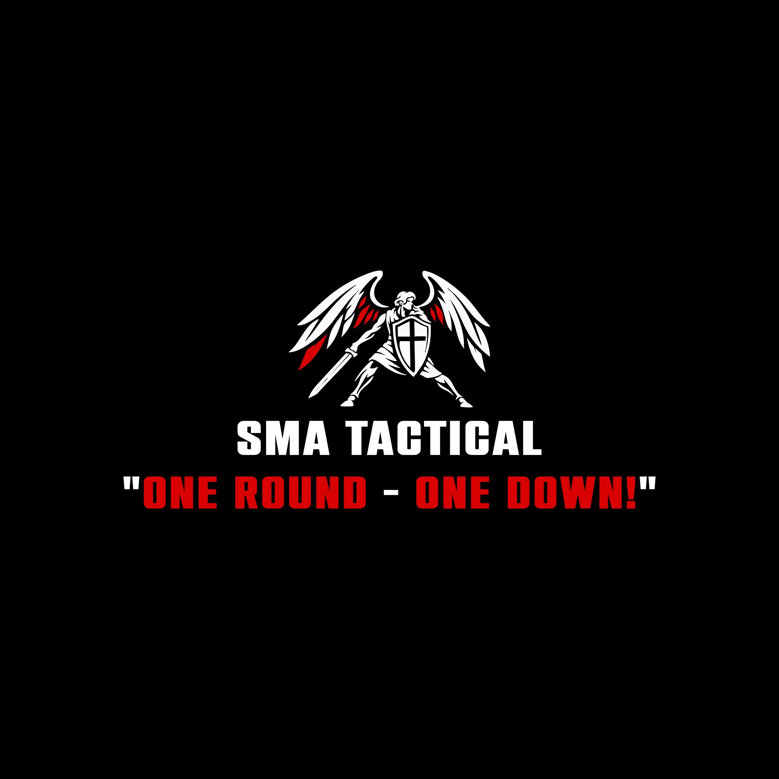 Logo for SMA Tactical featuring a superhero with angel wings, a sword, and shield, on a black background, with white and red text reading "ONE ROUND - ONE DOWN!"