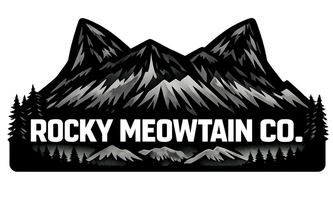 Stylized black and gray mountain landscape with pine trees and the text 'Rocky Meowtain Co.' in white