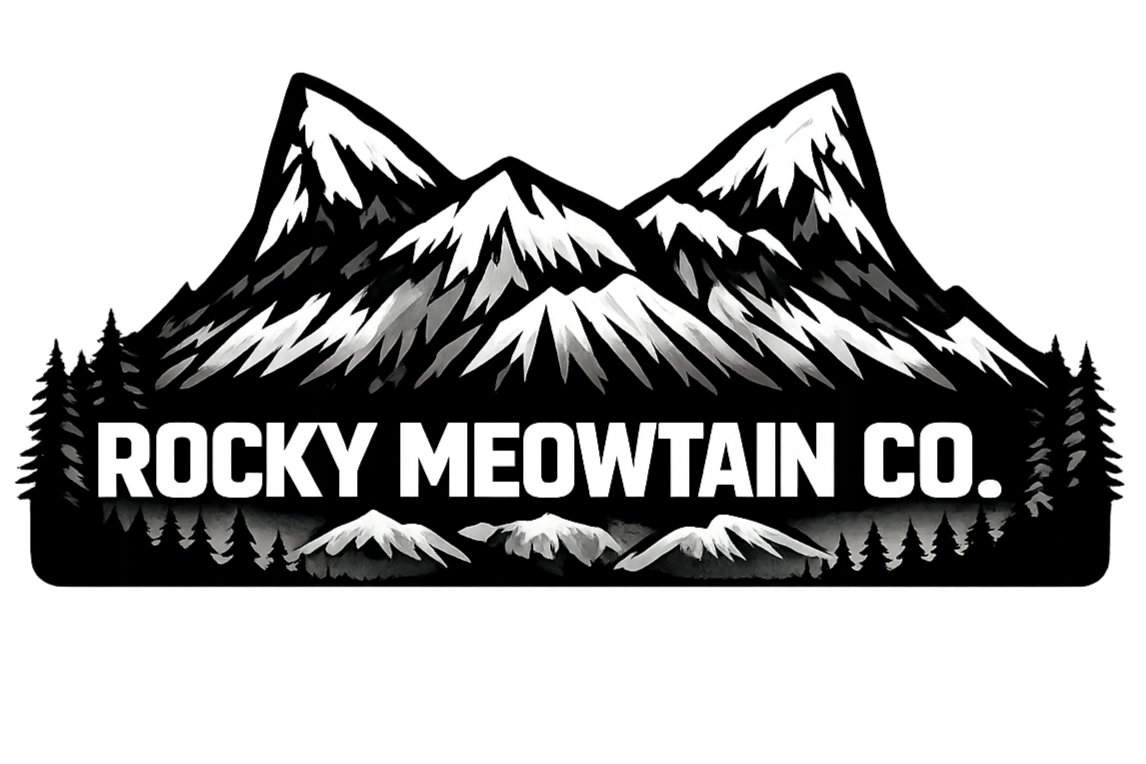 Black and white logo featuring a mountain range with pine trees at the bottom and the text 'ROCKY MEOWTAIN CO.' in bold in the center.
