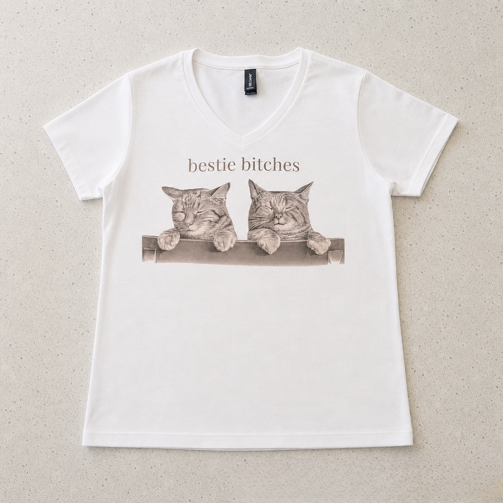 women's v-neck bestie bitches white shirt front edit background update no indicator.png