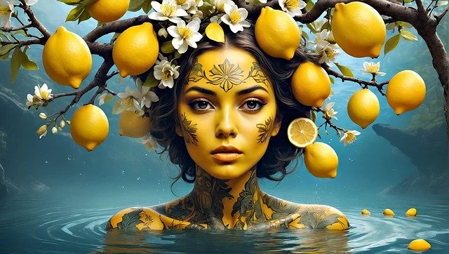 Frau mit gelber Haut, der Kopf ist von Zitronen und weißen Blüten umgeben, der Hintergrund ist blau wie der Abendhimmel.