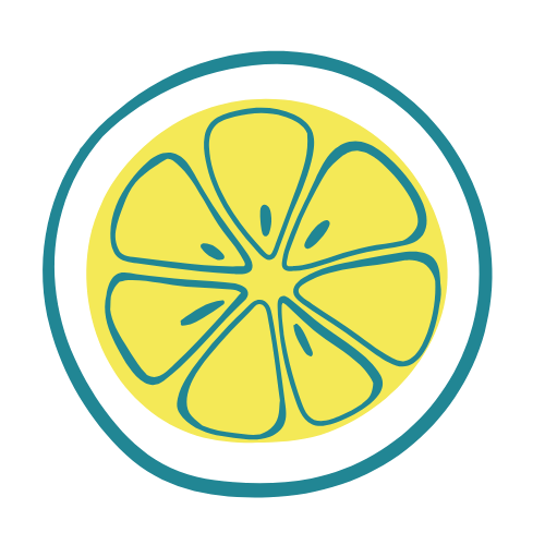 Ein gezeichnetes Bild einer Zitronenscheibe mit einer weissen Hintergrundfarbe, umgeben von einem blauen Kreis.