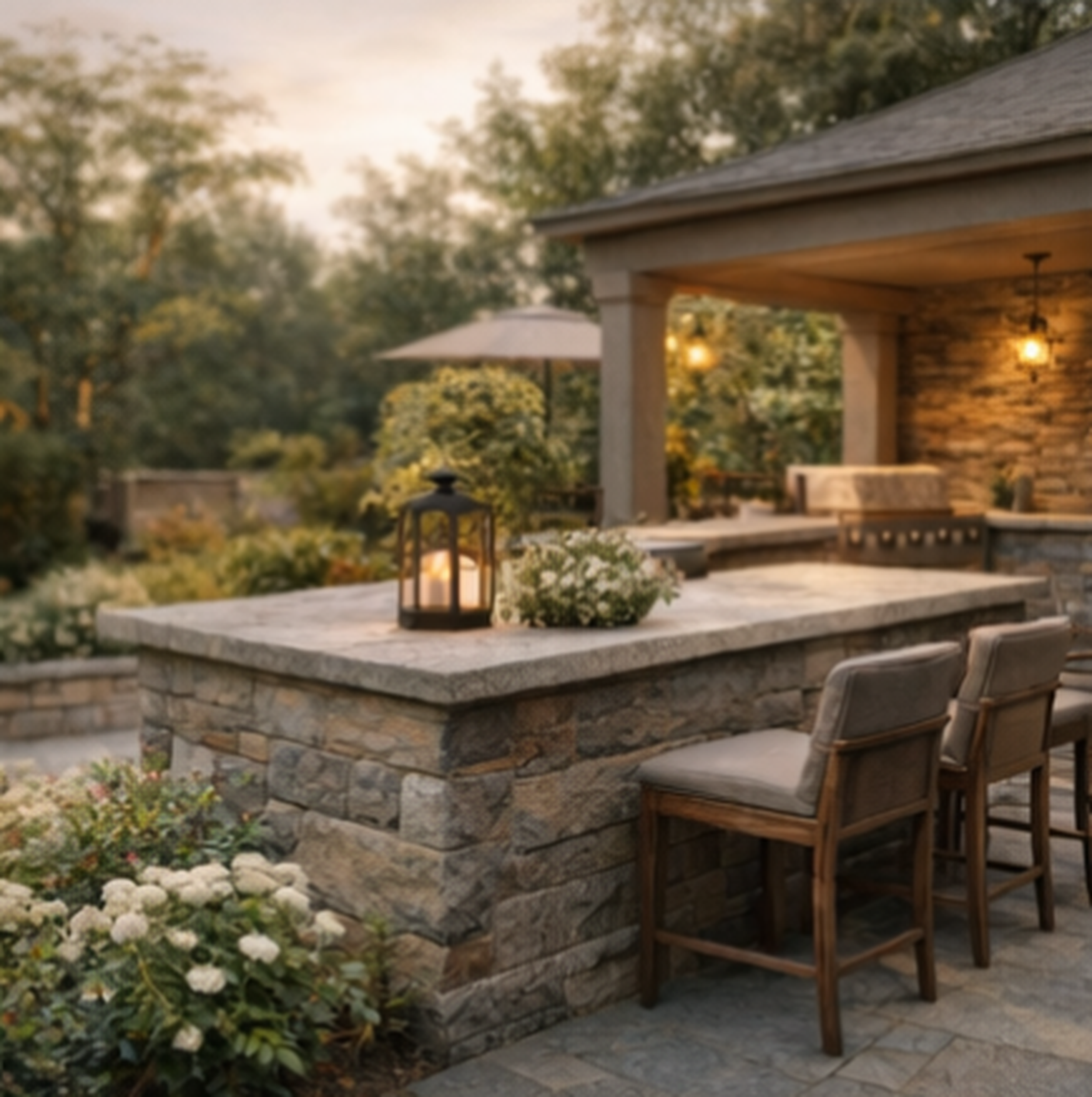 Outdoor patio with stone bar counter, candles, and chairs, surrounded by flower beds and trees, during sunset.